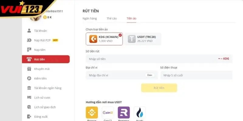 Những ưu điểm nổi bật của giao dịch Rút tiền VUI123